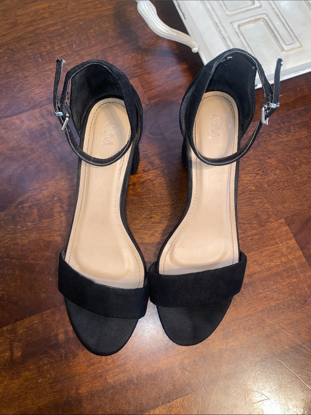 Black Suede Ankle-Strap Block Heel Sandals